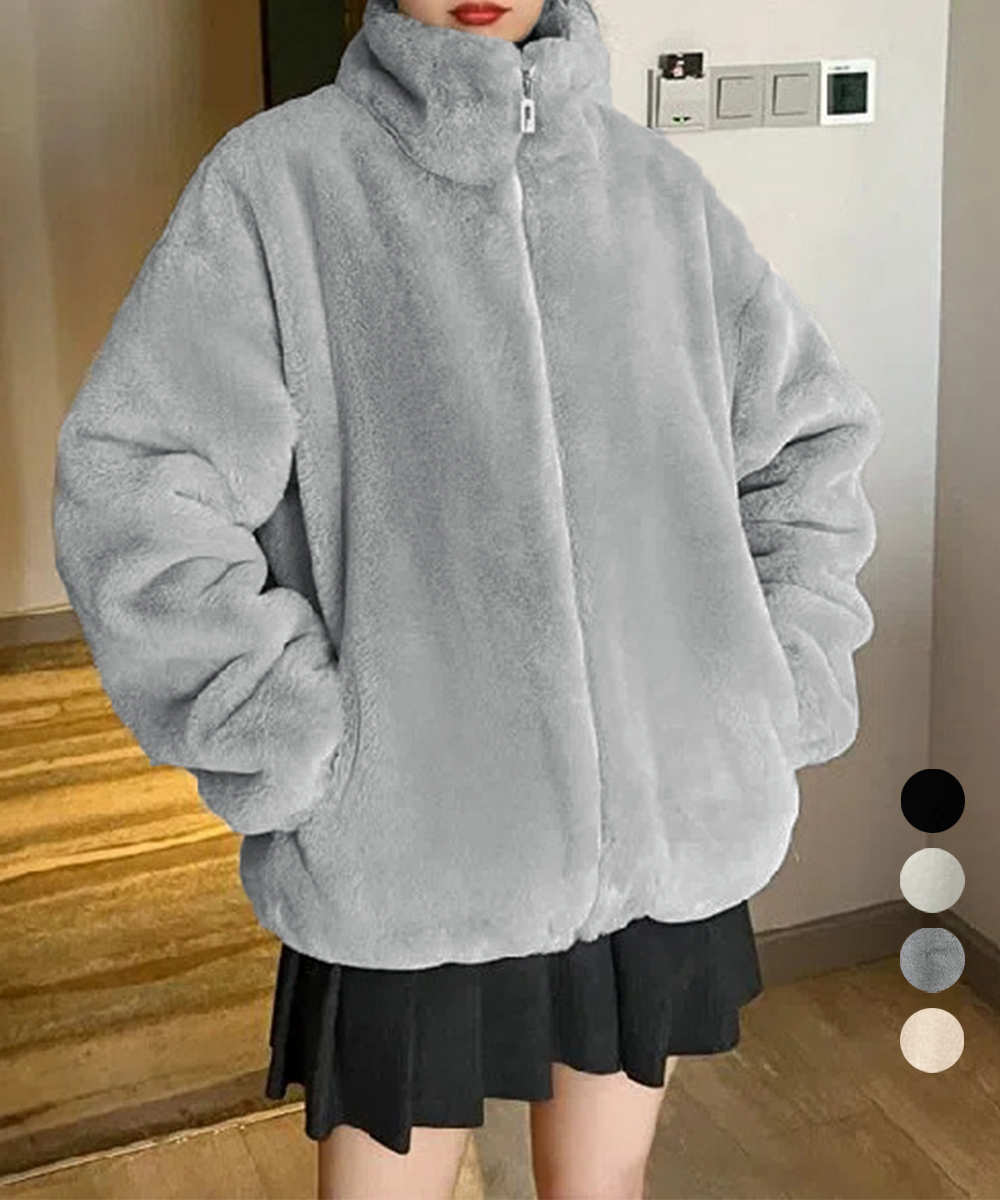 グレーファッション もこもこボアジャケット グレー立ち襟