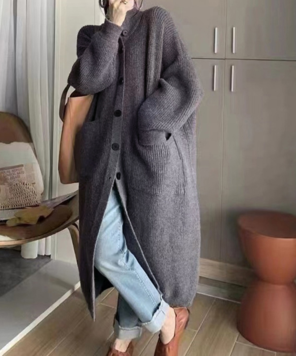 グレーファッション 厚手ロングニットカーディガン レディース