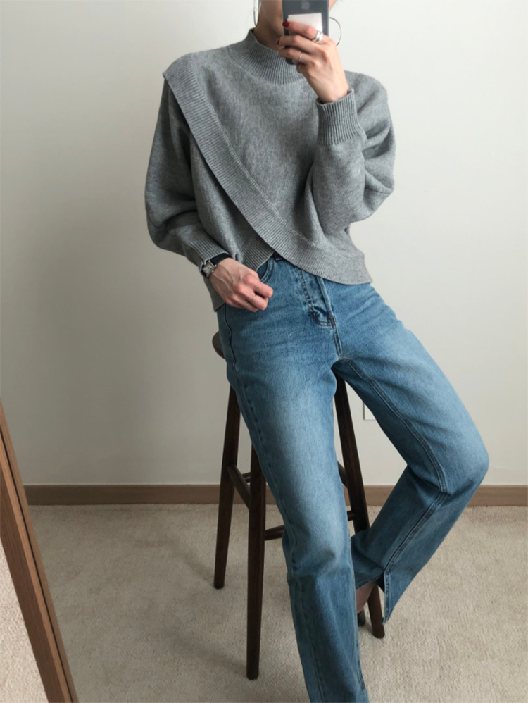 グレーファッション 交差デザイン長袖ニットセーター