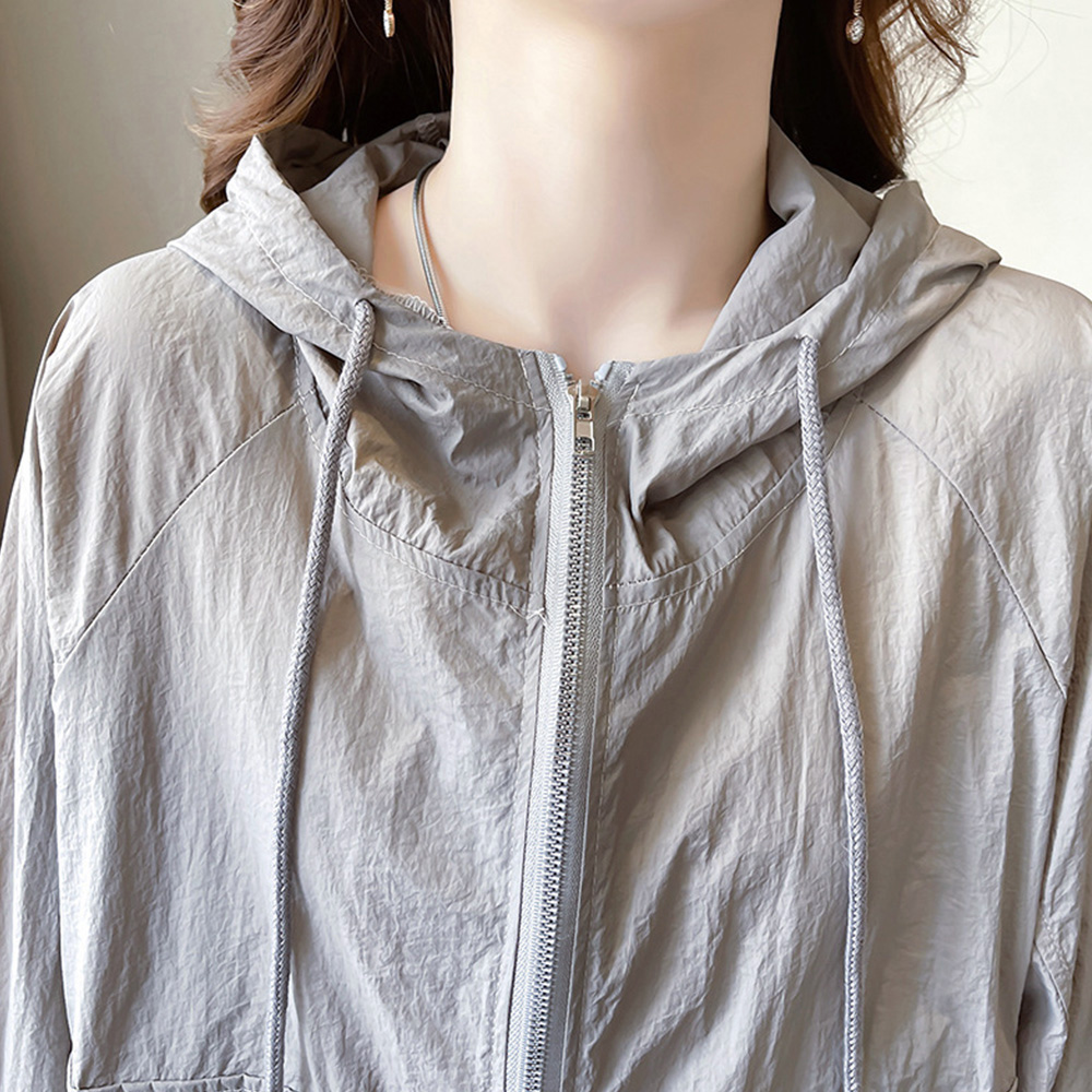 グレーファッション 薄手ジップパーカー レディース フード付き軽量ブルゾン