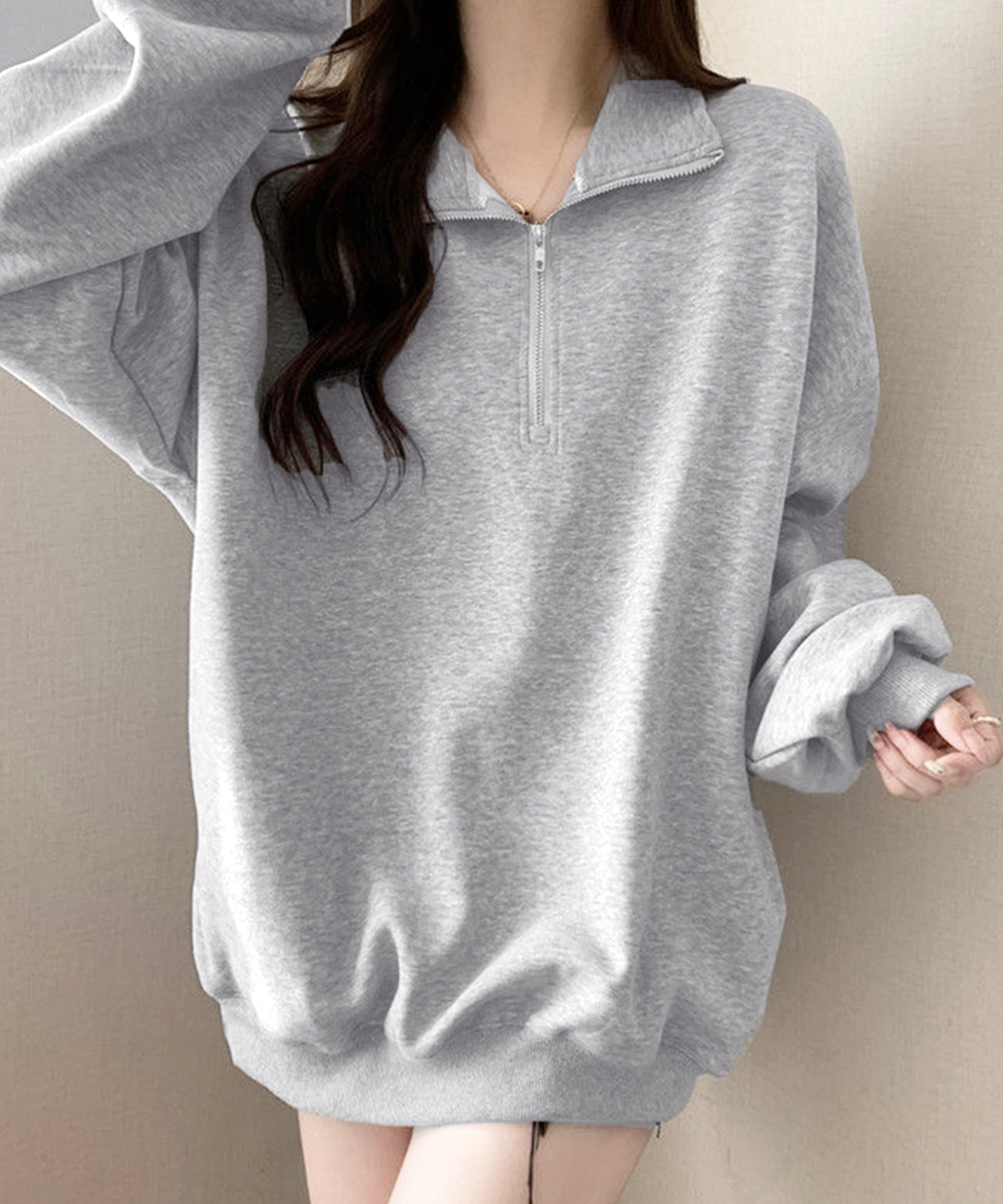 グレーファッション ハーフジップスウェット ゆったり長袖トレーナー