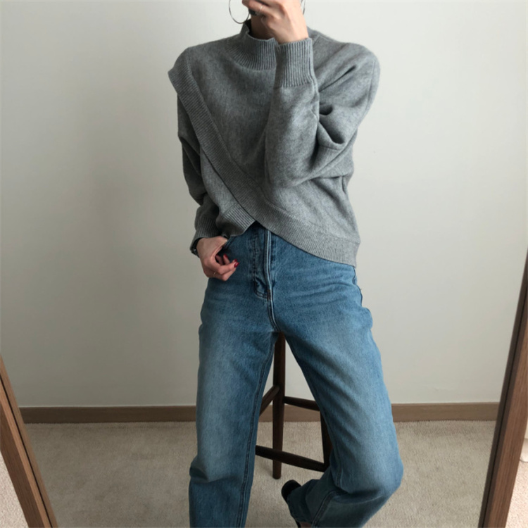 グレーファッション 交差デザイン長袖ニットセーター