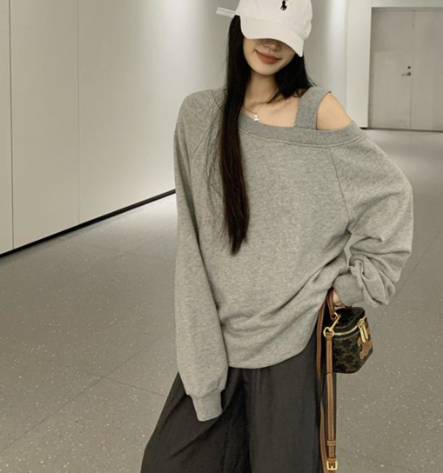グレーファッション 肩開きデザインゆったりオーバーサイズ長袖スウェット