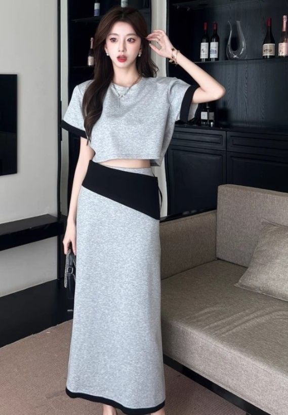 グレーファッション 配色切替半袖上下組ワイドパンツセットアップ