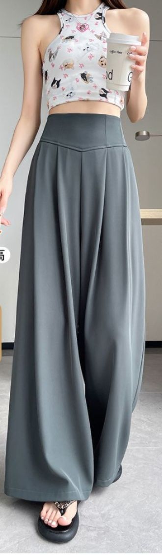 グレーファッション 高腰立体裁断ワイドシルエットパンツ