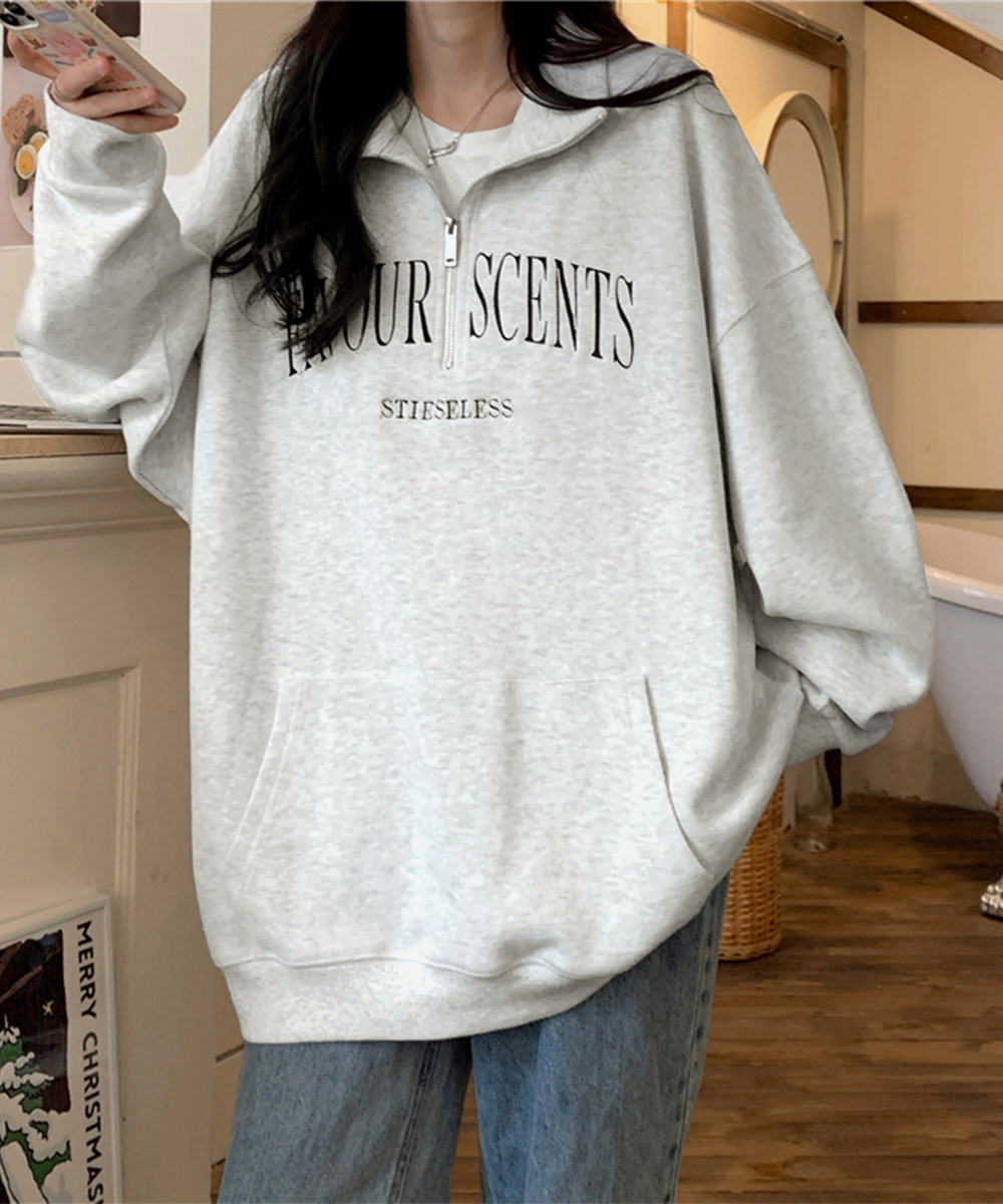 グレーファッション ポロ襟ロゴスウェット春秋薄手ゆったり