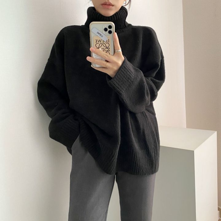 グレーファッション 交差デザイン ハイネック スリット ニットセーター