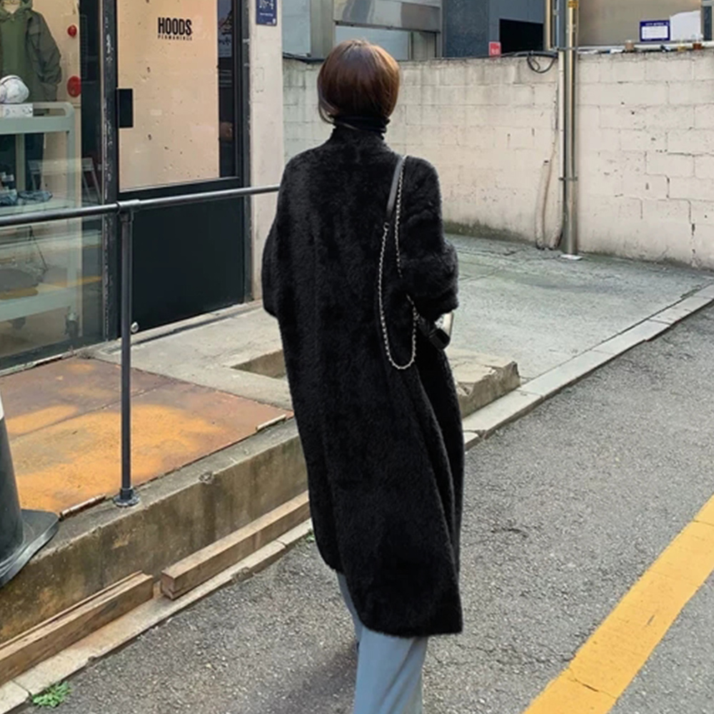 グレーファッション ふわふわシャギーロングニットカーディガン