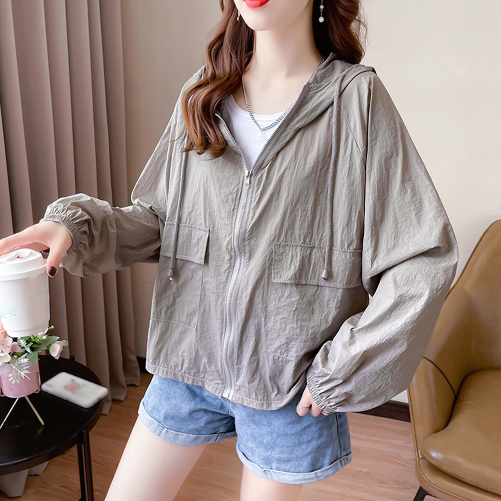 グレーファッション 薄手ジップパーカー レディース フード付き軽量ブルゾン
