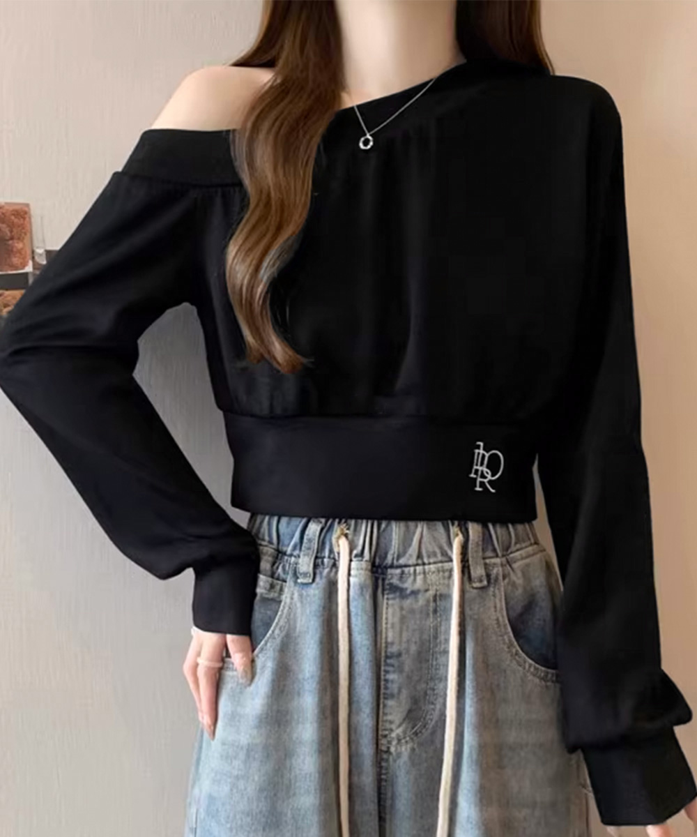 グレーファッション 肩見せオフショルダースウェット ショート丈トレーナー