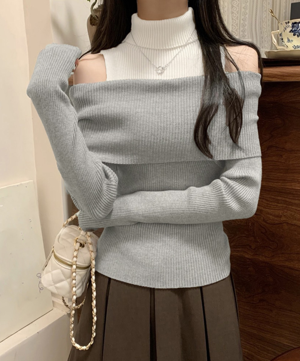 グレーファッション 肩あきタートルネックニット大人カジュアル