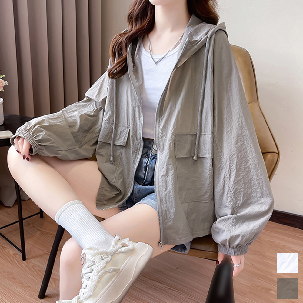 グレーファッション 薄手ジップパーカー レディース フード付き軽量ブルゾン