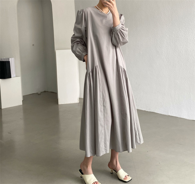 グレーファッション ティアード切替ゆったり長袖ワンピース丸首