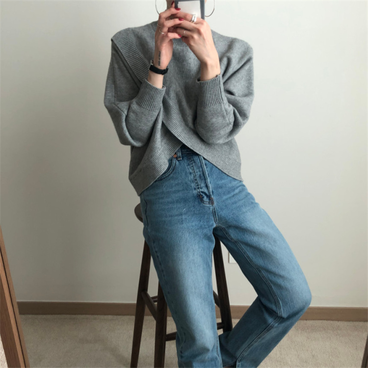 グレーファッション 交差デザイン長袖ニットセーター