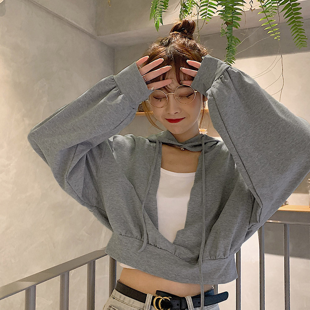 グレーファッション 胸元開き フード付きパーカー 薄手