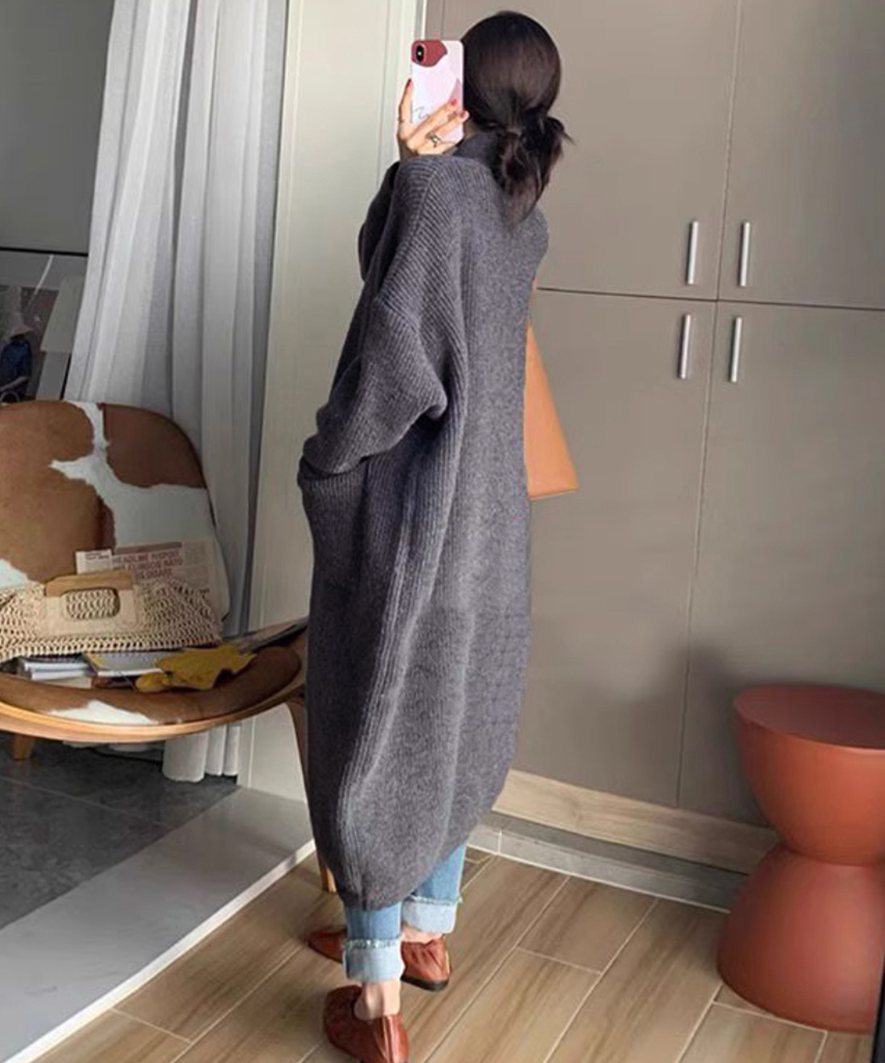 グレーファッション 厚手ロングニットカーディガン レディース