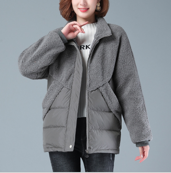 グレーファッション 中綿ボア切り替えジャケット裏キルティング