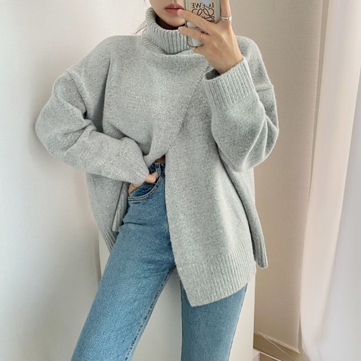 グレーファッション 交差デザイン ハイネック スリット ニットセーター