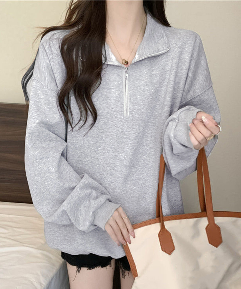 グレーファッション ハーフジップスウェット ゆったり長袖トレーナー