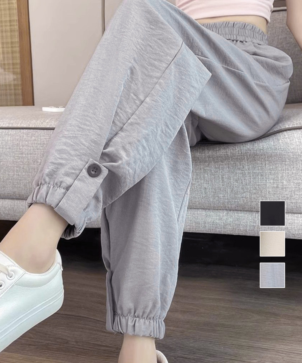 グレーファッション 裾ボタンジョガーパンツ ウエストゴム 春夏ズボン