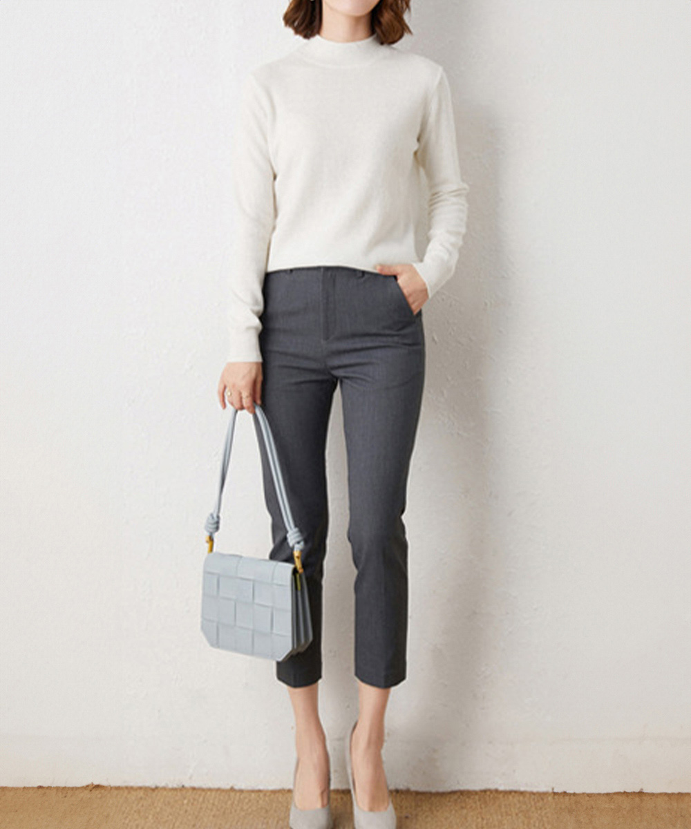 グレーファッション プチハイネックニットトップス レディース