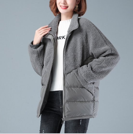 グレーファッション 中綿ボア切り替えジャケット裏キルティング