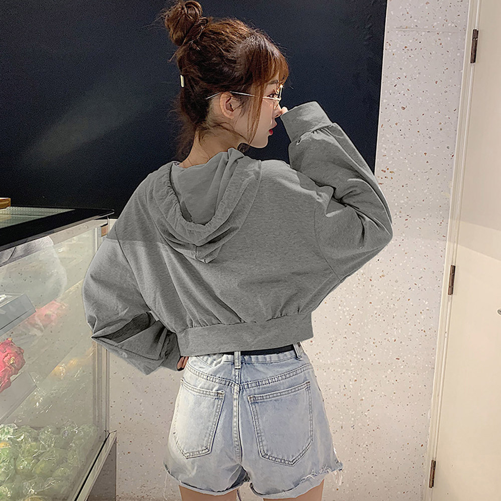 グレーファッション 胸元開き フード付きパーカー 薄手