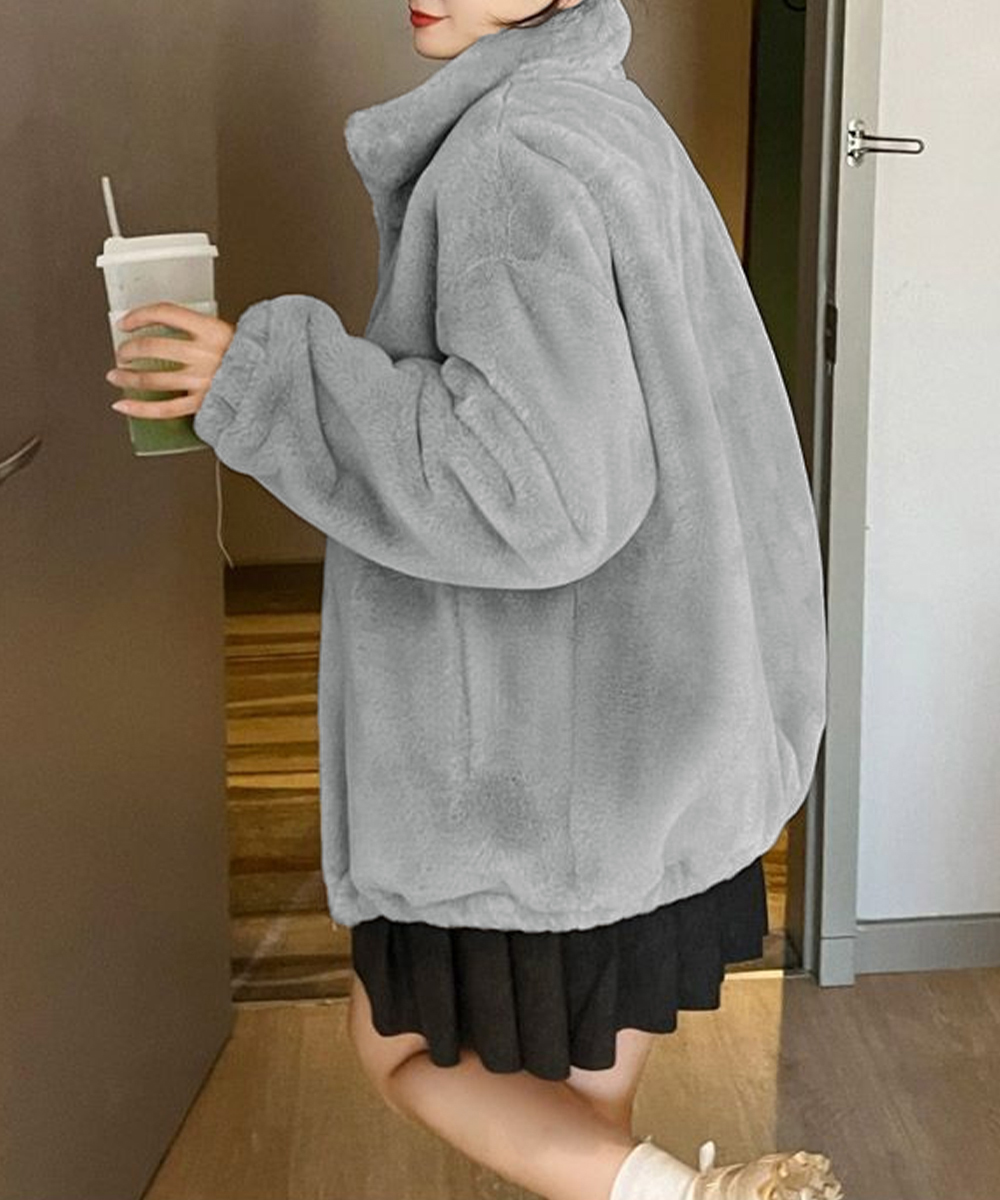 グレーファッション もこもこボアジャケット グレー立ち襟