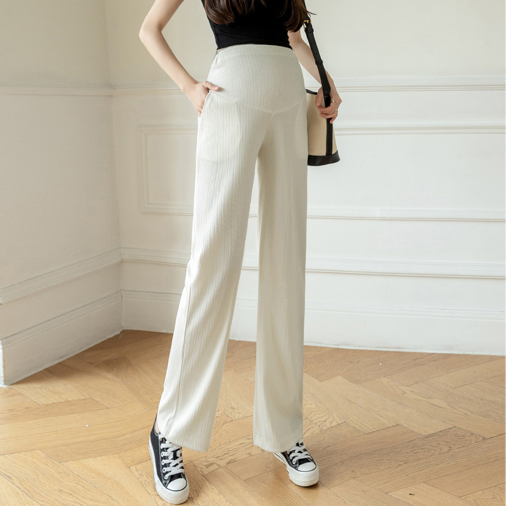 グレーファッション マタニティ リブ ワイドパンツ 美脚 産前産後