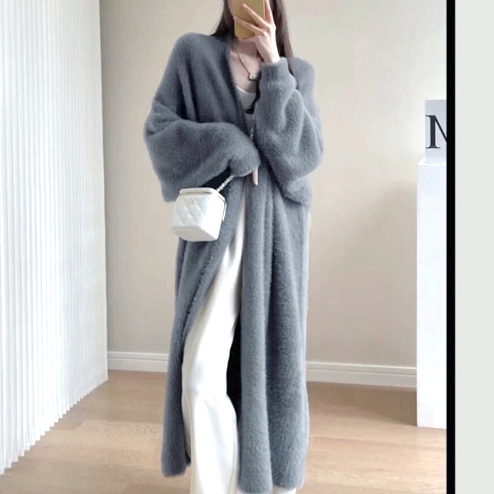 グレーファッション ふわふわシャギーロングニットカーディガン