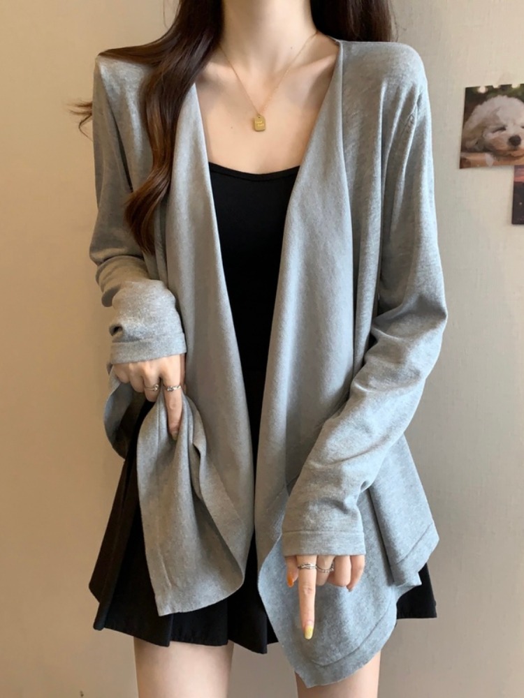 グレーファッション ドレープデザイン長袖ロング丈羽織りカーディガン