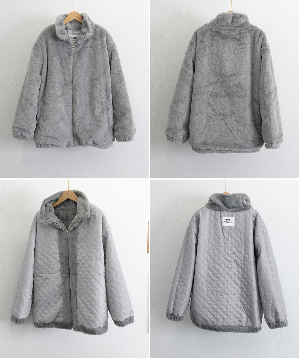 グレーファッション もこもこボアジャケット グレー立ち襟