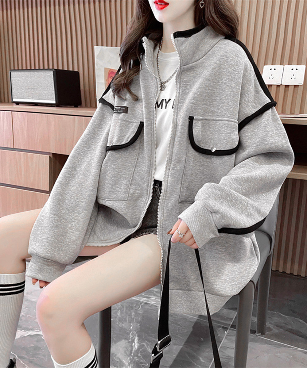 グレーファッション 裏起毛ジップパーカー ゆったりシルエット