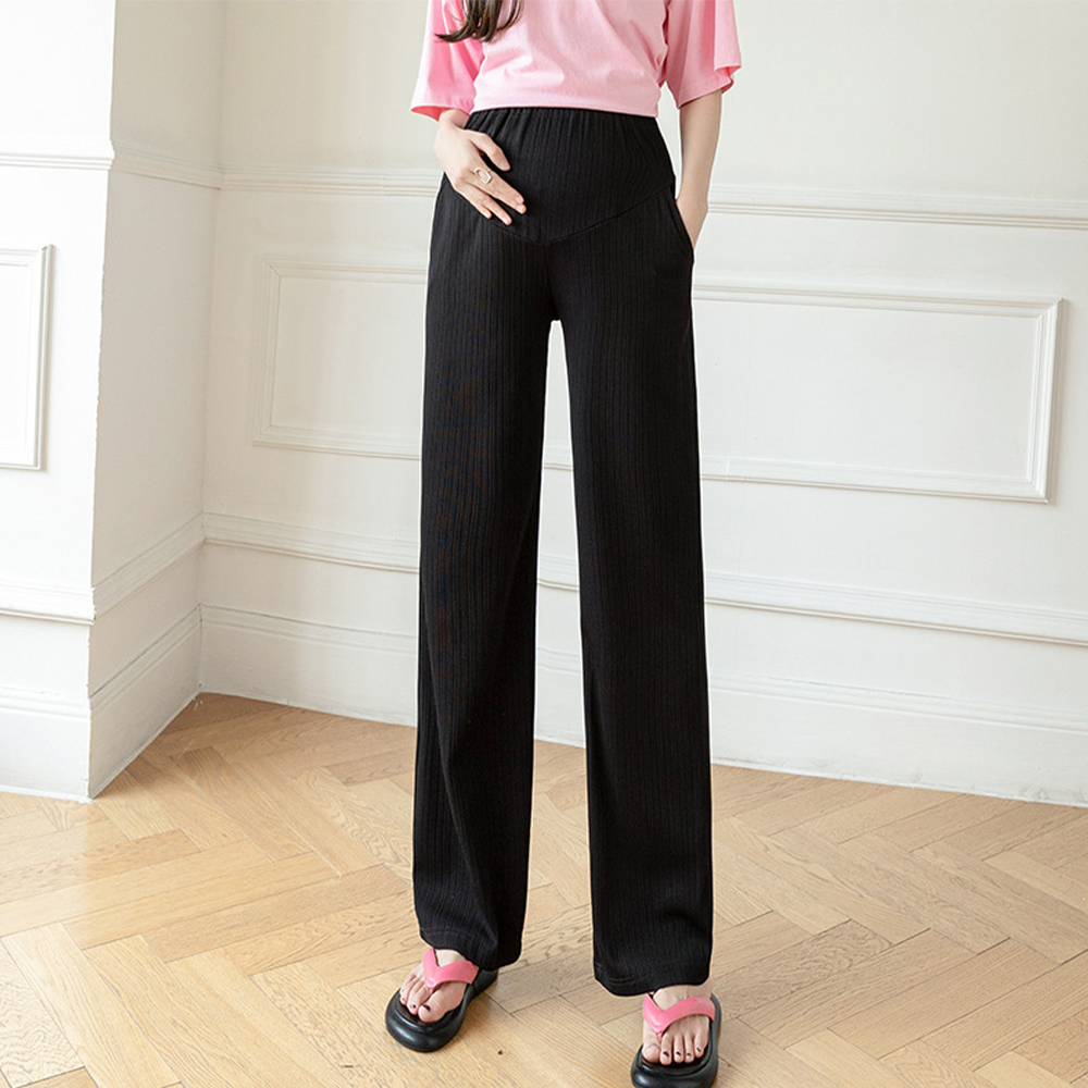 グレーファッション マタニティ リブ ワイドパンツ 美脚 産前産後