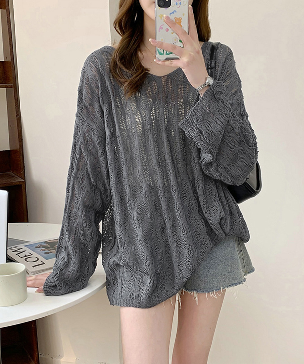 グレーファッション 透かし編み長袖ニットトップス ゆったりシルエット