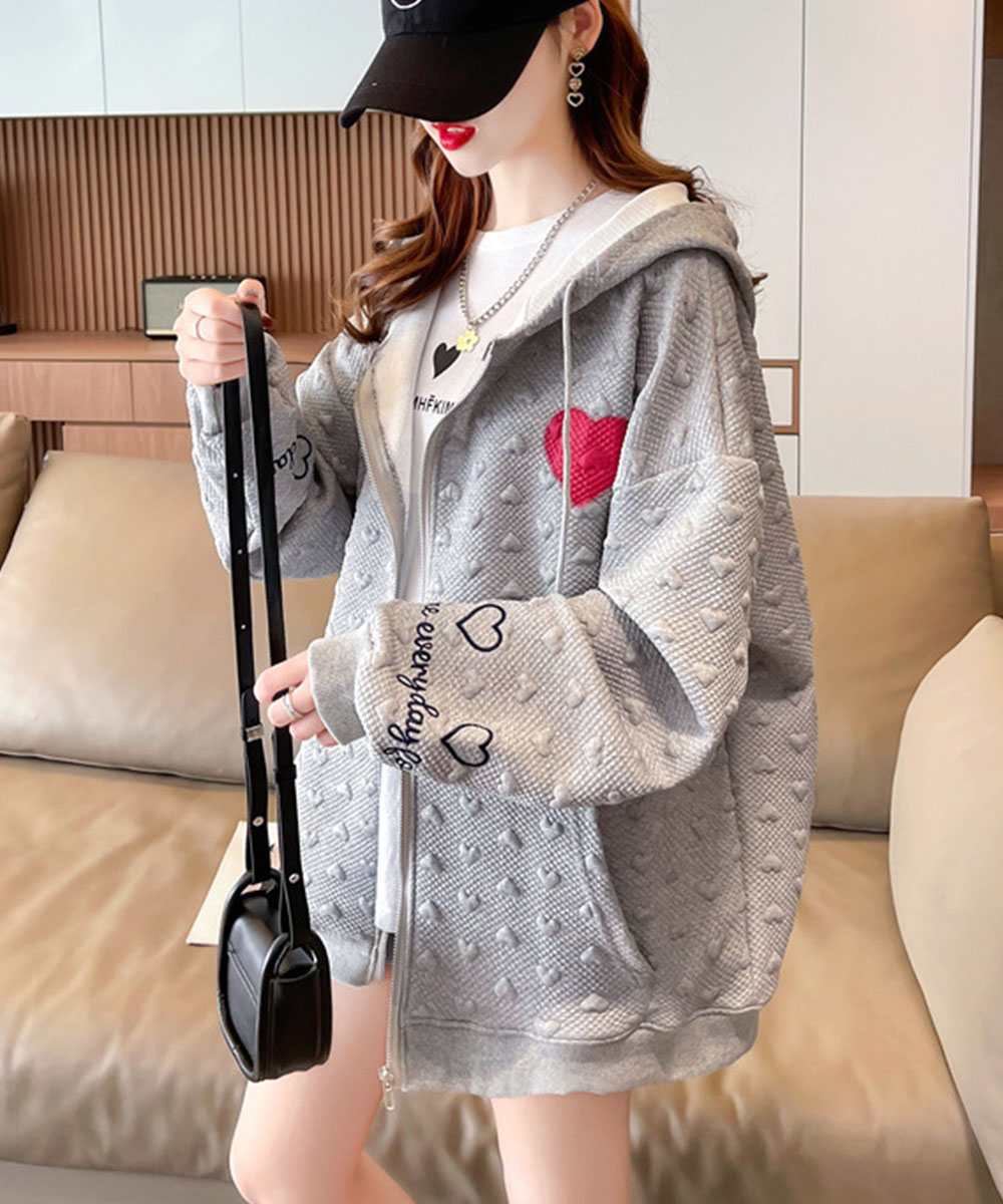 グレーファッション 立体感加工ジップパーカー レディース春秋用