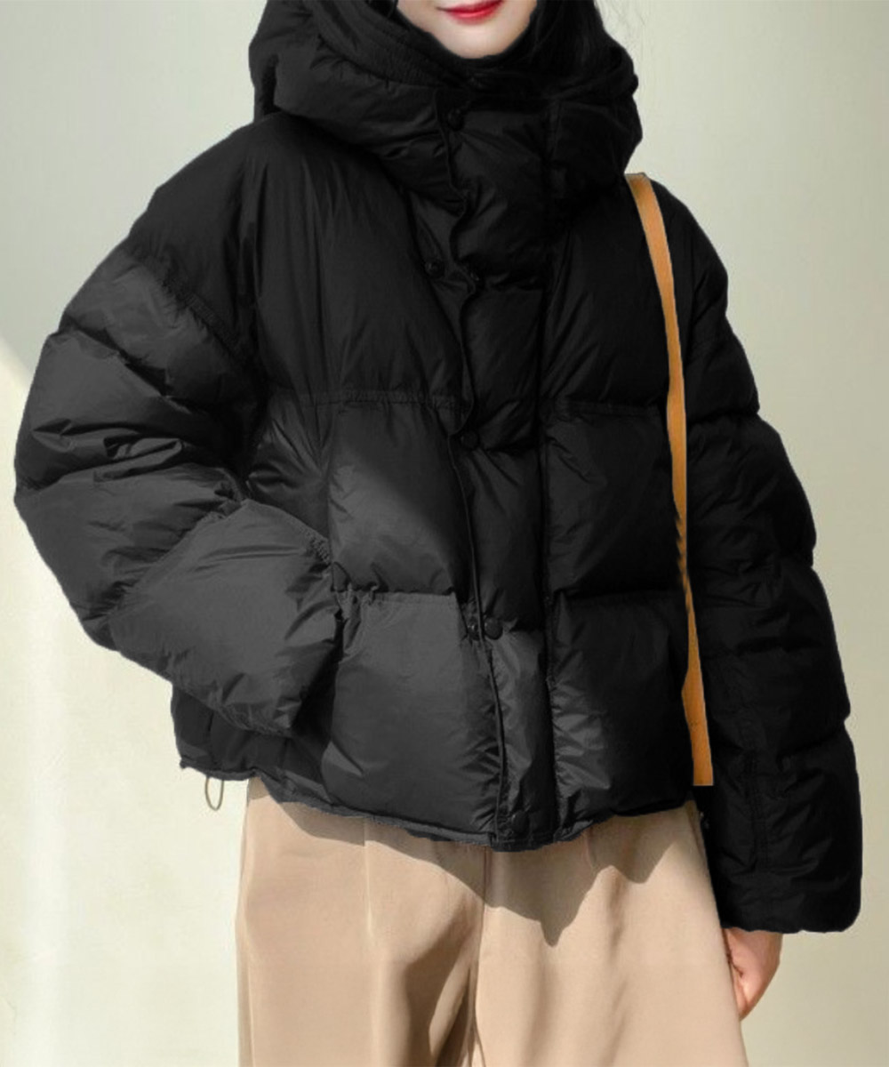 グレーファッション フード付き中綿ジャケット ショート丈防寒アウター