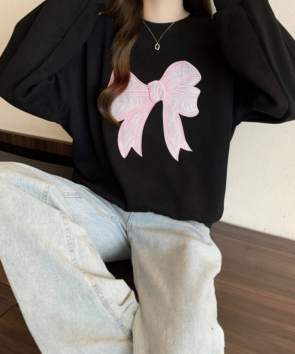 グレーファッション リボン刺繍裏起毛スウェット長袖トップス