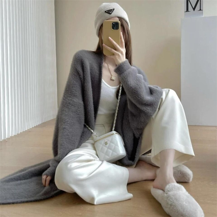 グレーファッション 秋冬レトロゆったりニットカーディガン