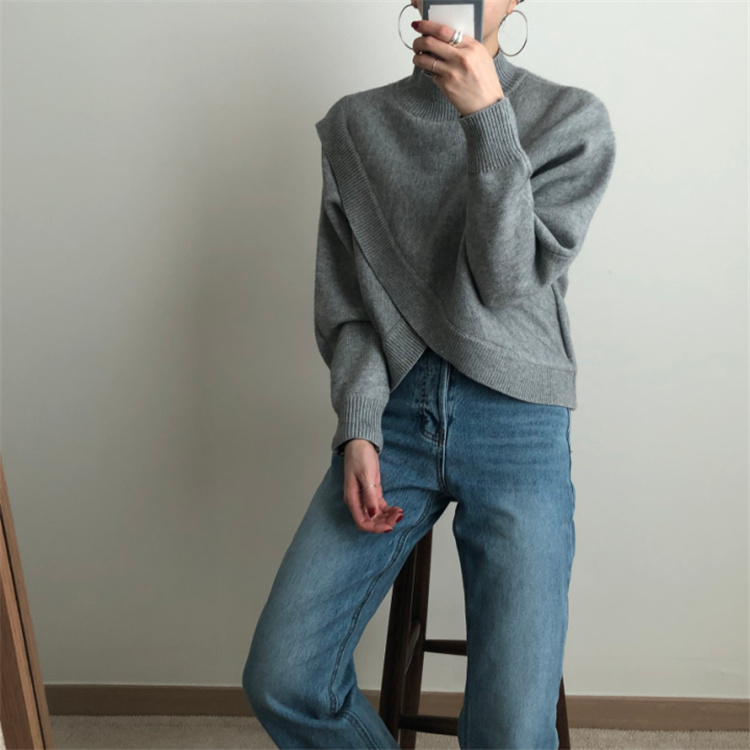 グレーファッション 交差デザイン長袖ニットセーター