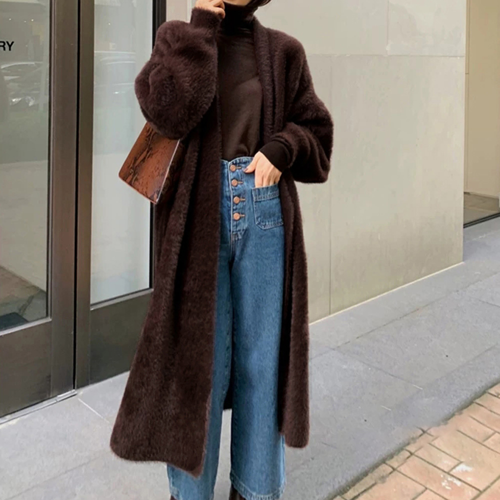 グレーファッション ふわふわシャギーロングニットカーディガン