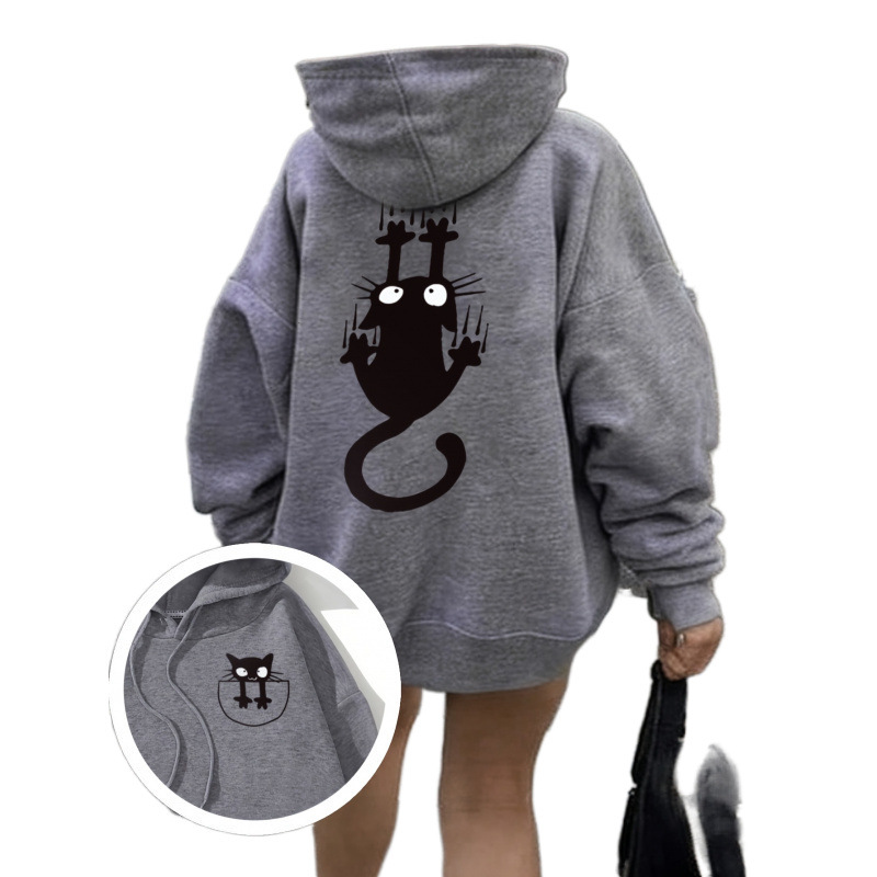 グレーファッション 猫ワンポイント刺繍プルオーバーパーカー