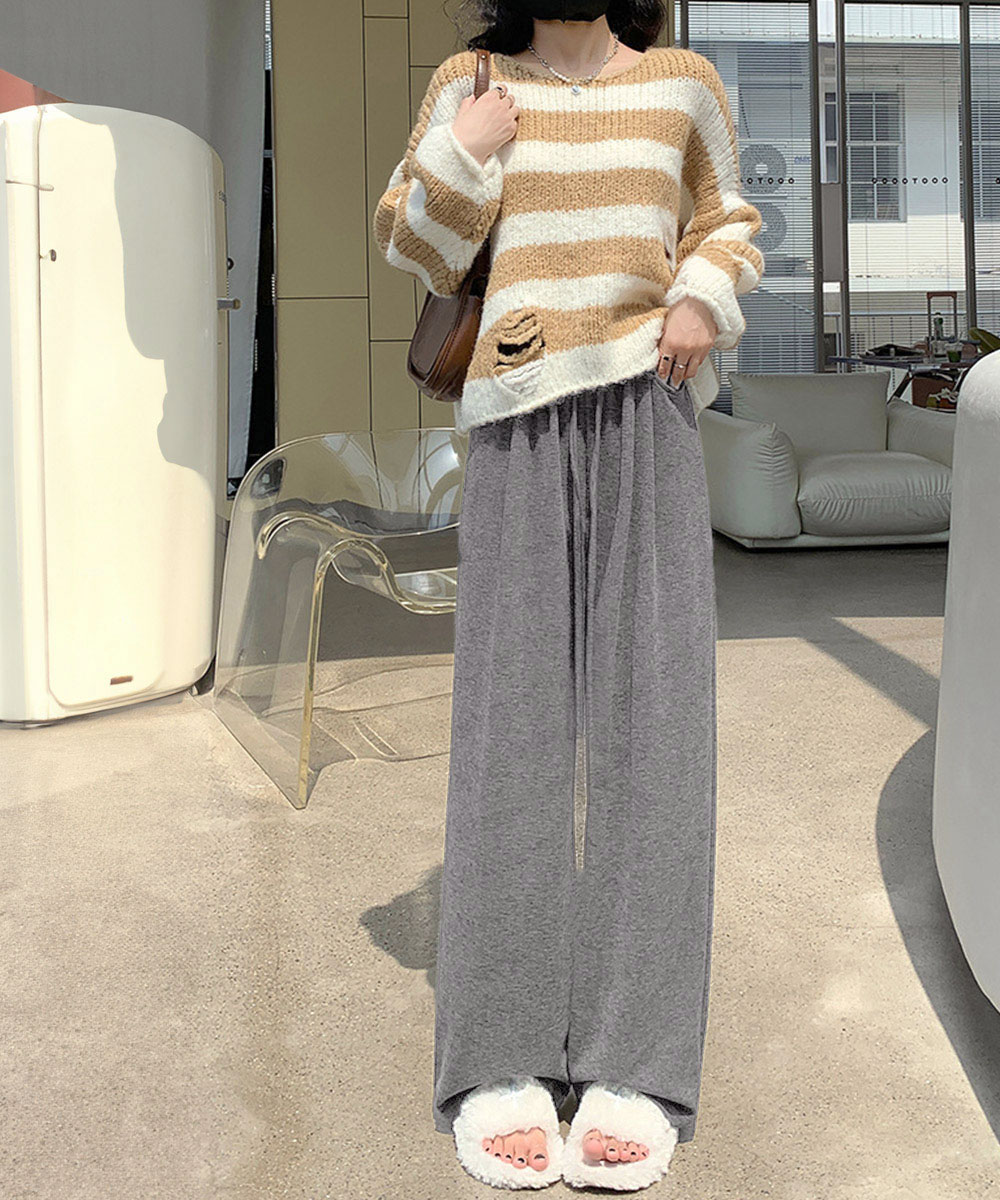 グレーファッション 薄手ワイドスウェットパンツ 韓国風ゆったり楽ちん