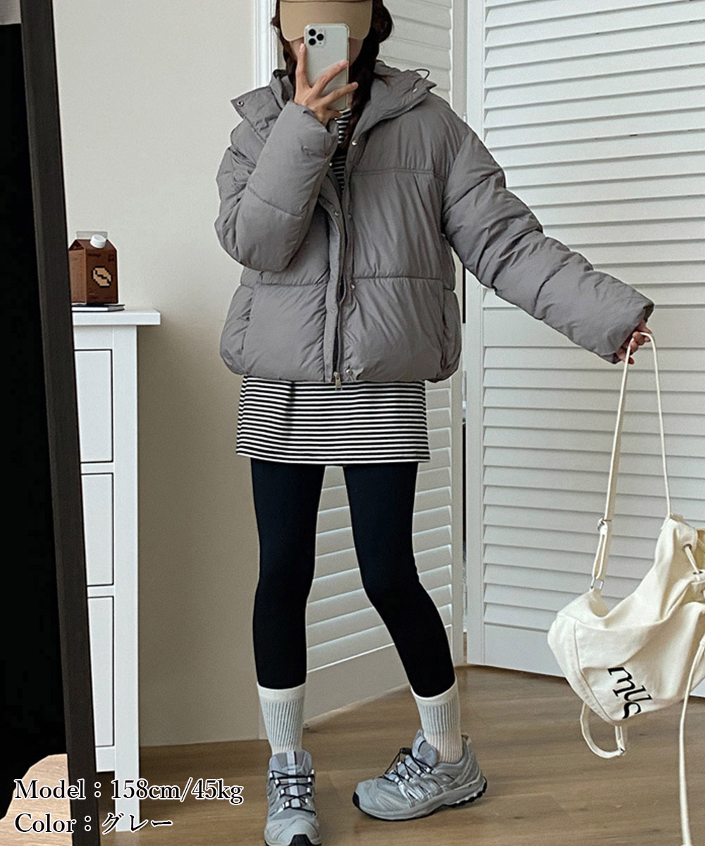 グレーファッション フード付き中綿ジャケット ショート丈防寒アウター