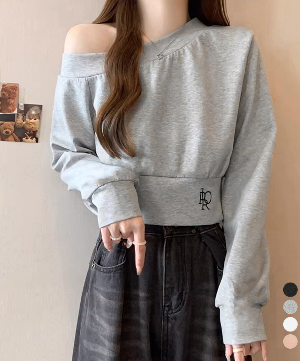 グレーファッション 肩見せオフショルダースウェット ショート丈トレーナー