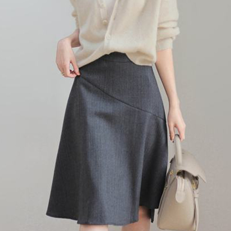 グレーファッション 斜め切替デザインフレア膝丈スカート