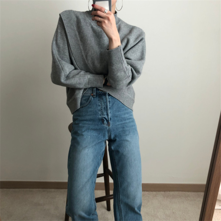 グレーファッション 交差デザイン長袖ニットセーター