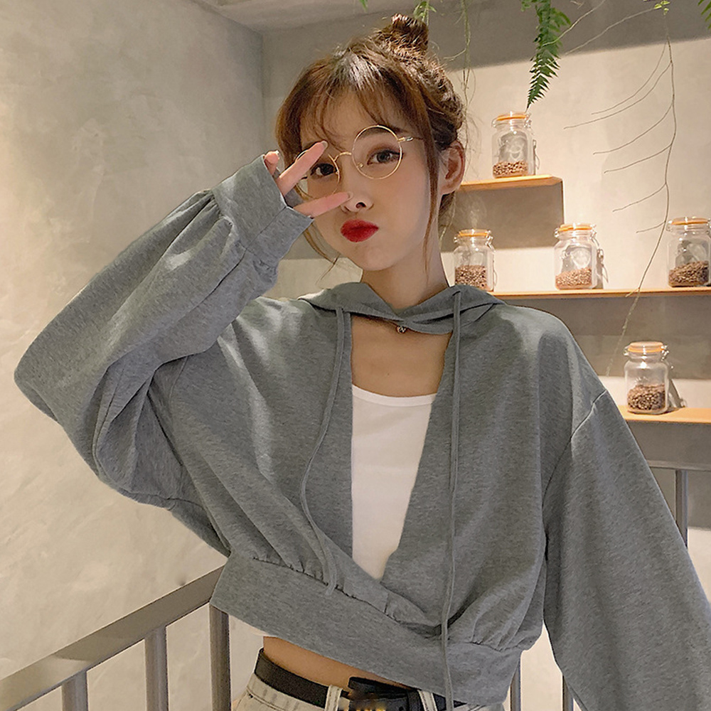 グレーファッション 胸元開き フード付きパーカー 薄手