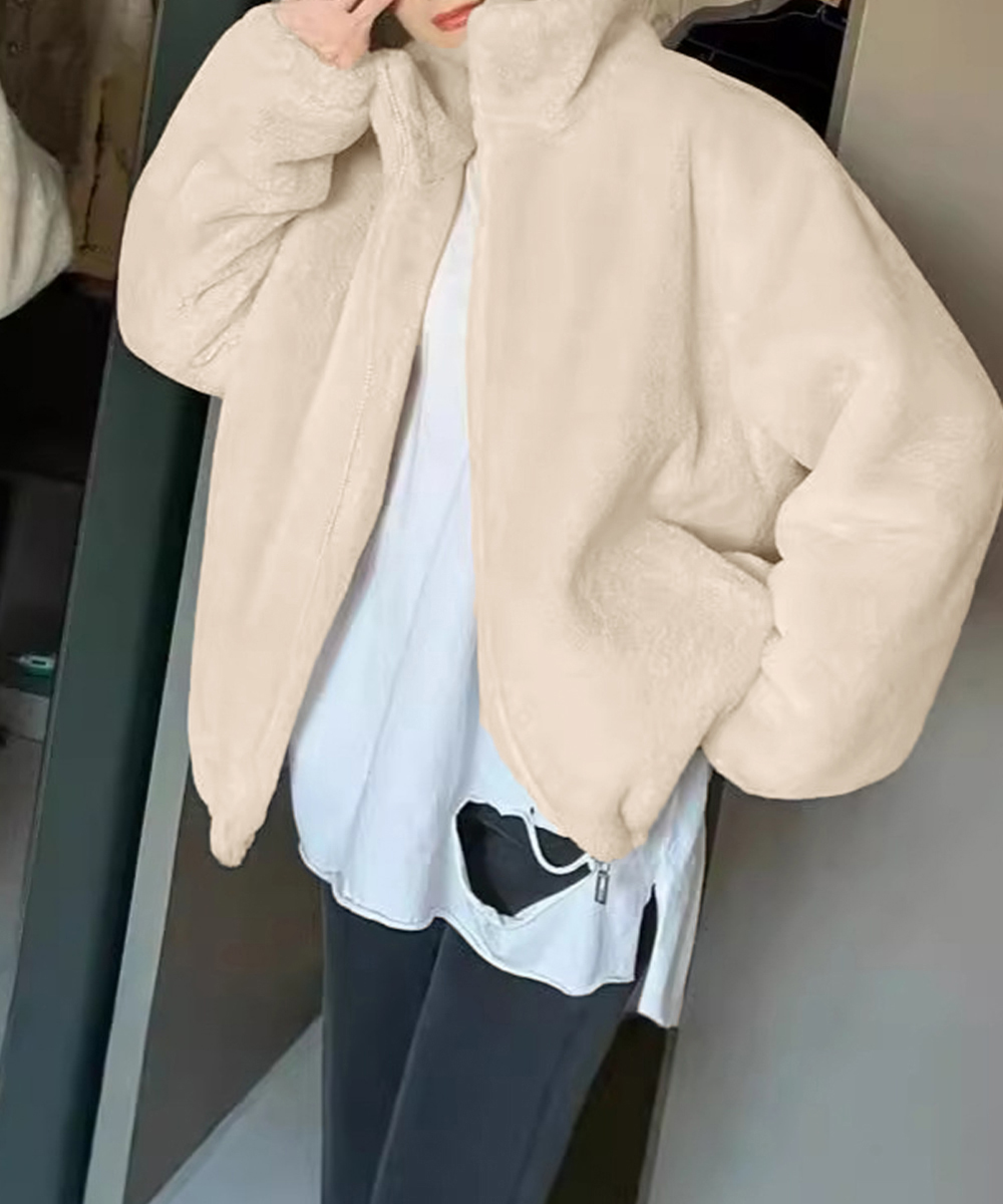 グレーファッション もこもこボアジャケット グレー立ち襟