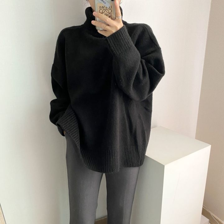 グレーファッション 交差デザイン ハイネック スリット ニットセーター